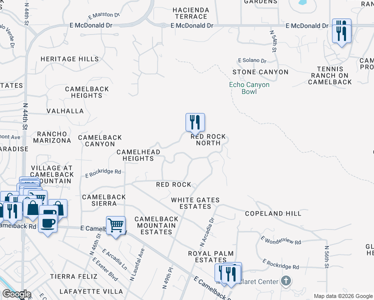 map of restaurants, bars, coffee shops, grocery stores, and more near 4958 East Grandview Lane in Phoenix