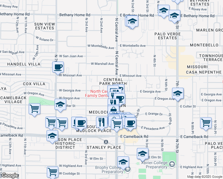map of restaurants, bars, coffee shops, grocery stores, and more near 5300N North Central Avenue in Phoenix