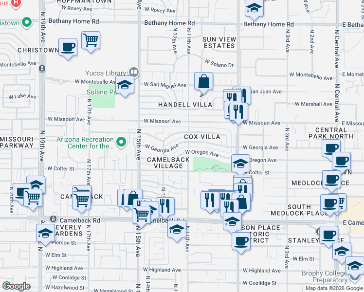 map of restaurants, bars, coffee shops, grocery stores, and more near 1114 West Oregon Avenue in Phoenix