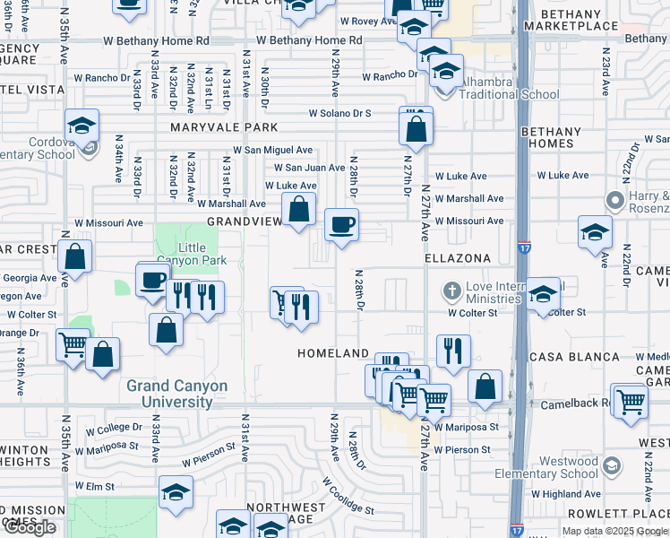 map of restaurants, bars, coffee shops, grocery stores, and more near 2917 West Georgia Avenue in Phoenix
