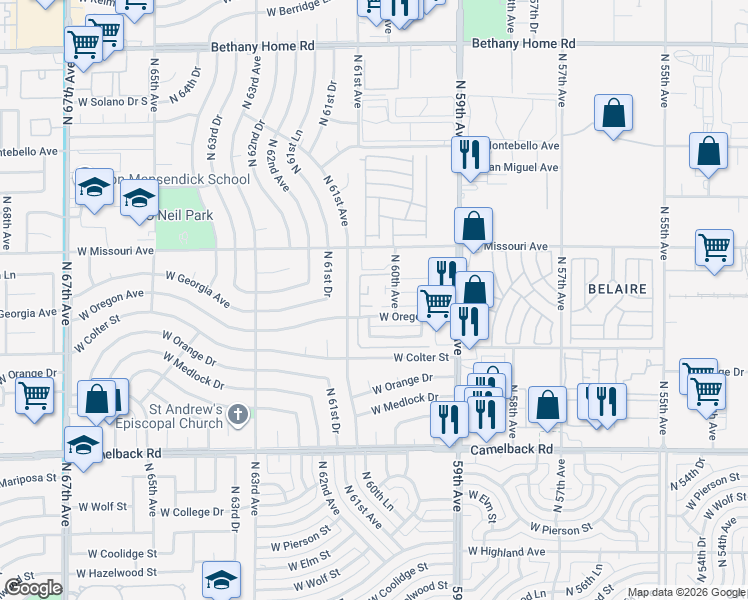map of restaurants, bars, coffee shops, grocery stores, and more near 6002 West Oregon Avenue in Glendale