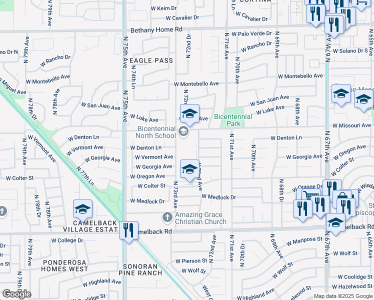 map of restaurants, bars, coffee shops, grocery stores, and more near 7237 West Missouri Avenue in Glendale
