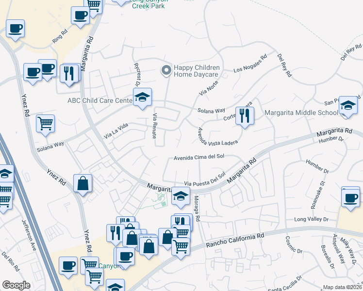 map of restaurants, bars, coffee shops, grocery stores, and more near 42092 Dahlia Way in Temecula