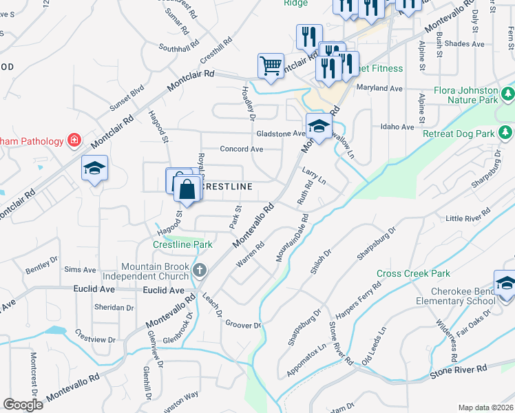 map of restaurants, bars, coffee shops, grocery stores, and more near 4333 Montevallo Road in Birmingham