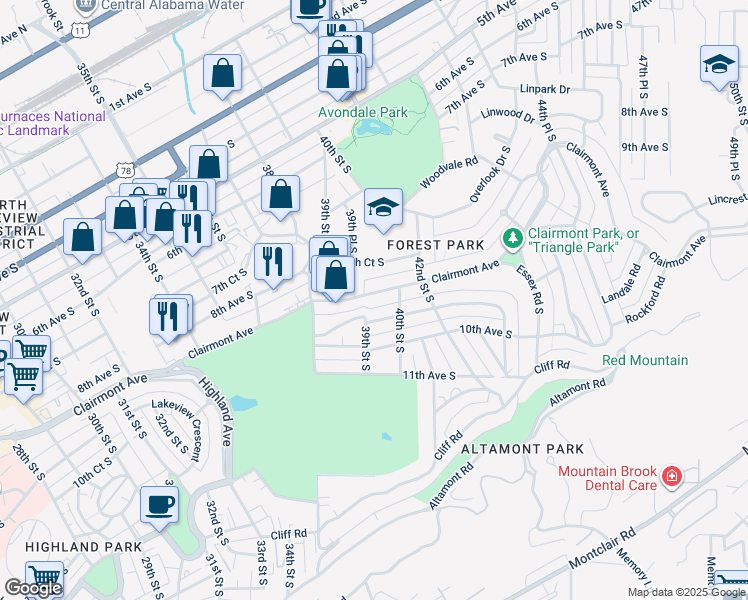 map of restaurants, bars, coffee shops, grocery stores, and more near 3900 Glenwood Avenue in Birmingham