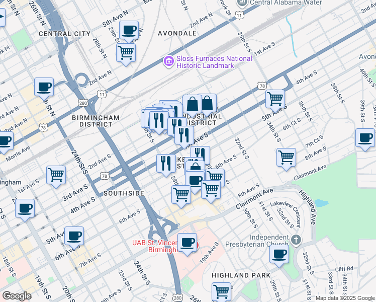 map of restaurants, bars, coffee shops, grocery stores, and more near in Birmingham