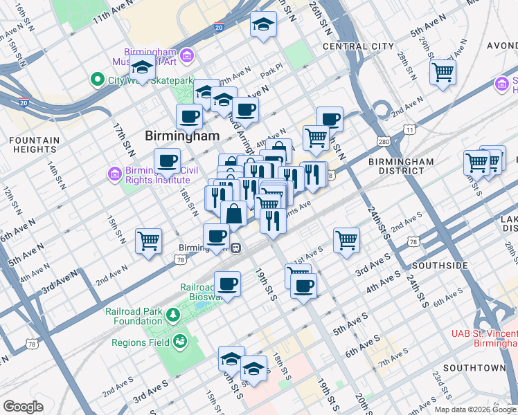 map of restaurants, bars, coffee shops, grocery stores, and more near 2013 1st Avenue North in Birmingham