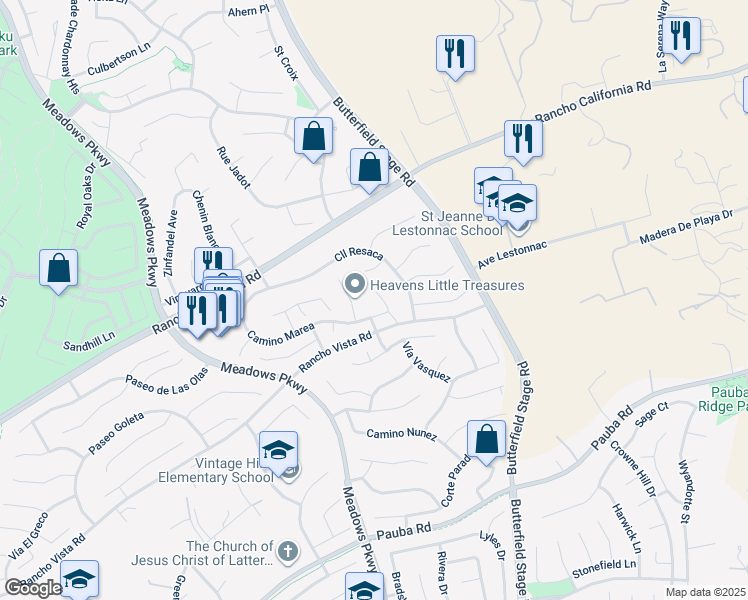 map of restaurants, bars, coffee shops, grocery stores, and more near 41585 Corte Seda in Temecula