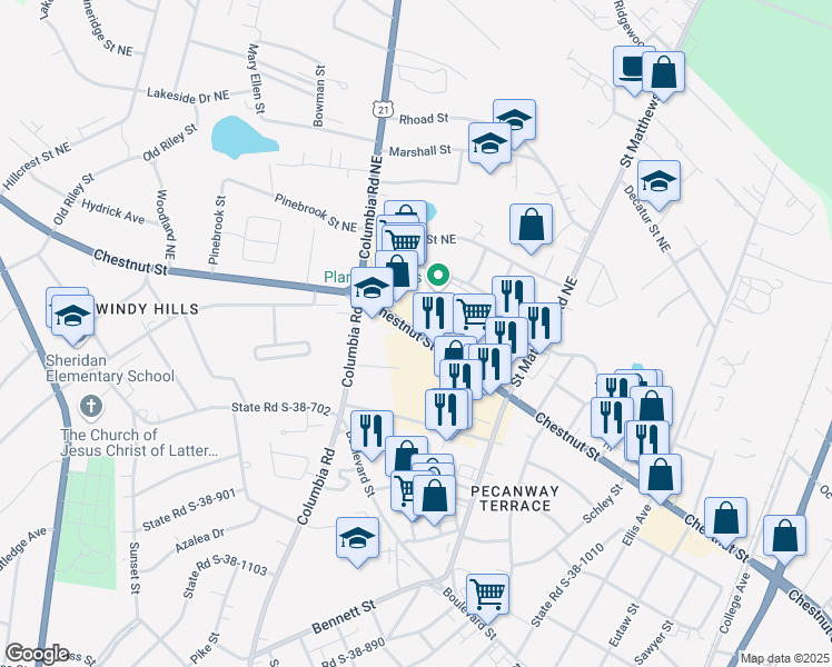 map of restaurants, bars, coffee shops, grocery stores, and more near 1470 Chestnut Street in Orangeburg