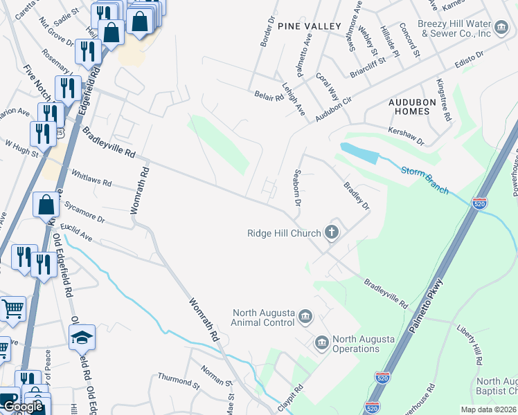 map of restaurants, bars, coffee shops, grocery stores, and more near 424 Bradleyville Road in North Augusta