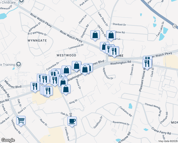 map of restaurants, bars, coffee shops, grocery stores, and more near 3682 Washington Road in Martinez
