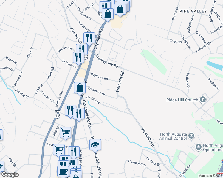 map of restaurants, bars, coffee shops, grocery stores, and more near 328 Sycamore Drive in North Augusta