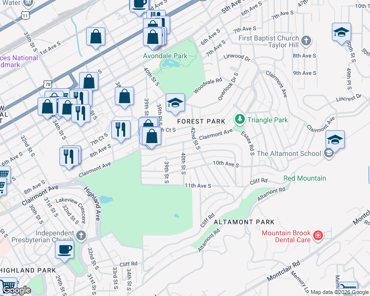 map of restaurants, bars, coffee shops, grocery stores, and more near 905 40th Street South in Birmingham