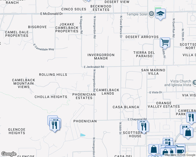map of restaurants, bars, coffee shops, grocery stores, and more near 5306 North Wilkinson Road in Paradise Valley