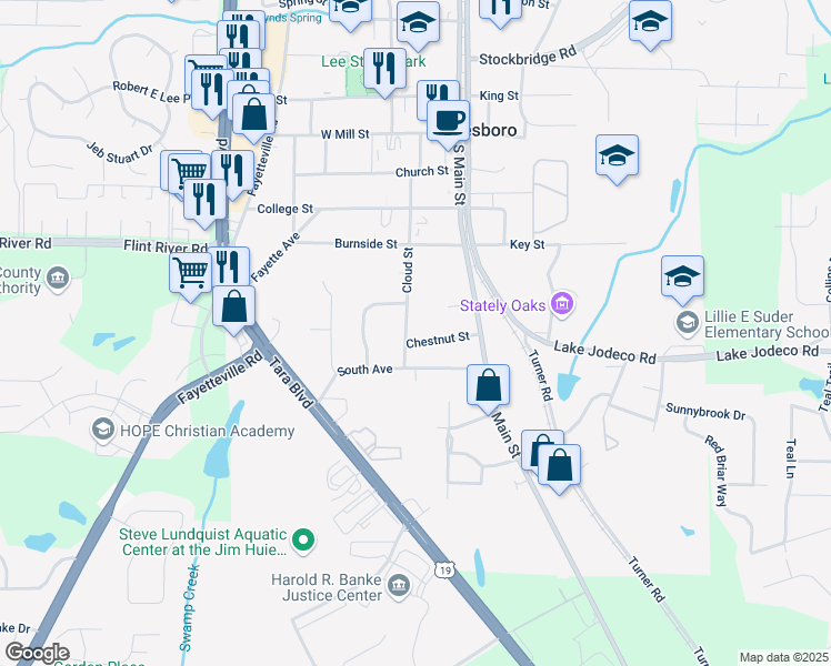 map of restaurants, bars, coffee shops, grocery stores, and more near 121 Chestnut Street in Jonesboro