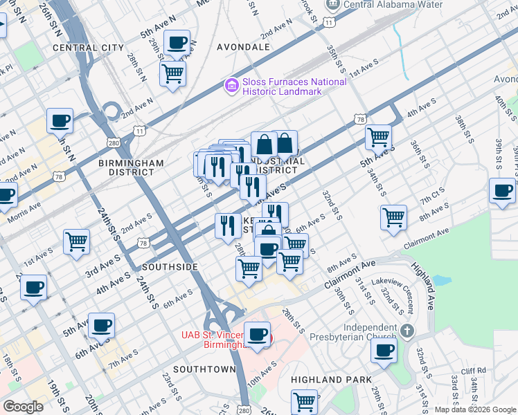 map of restaurants, bars, coffee shops, grocery stores, and more near 2900 5th Avenue South in Birmingham