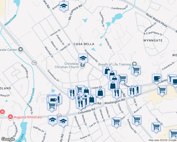 map of restaurants, bars, coffee shops, grocery stores, and more near 335 Hightower Drive in Augusta