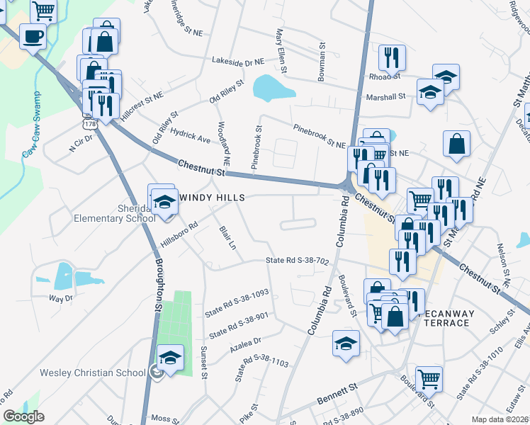 map of restaurants, bars, coffee shops, grocery stores, and more near 1520 Hillsboro Road in Orangeburg