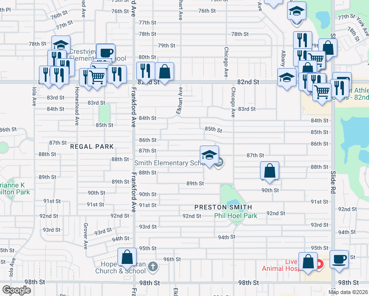 map of restaurants, bars, coffee shops, grocery stores, and more near 5620 87th Street in Lubbock