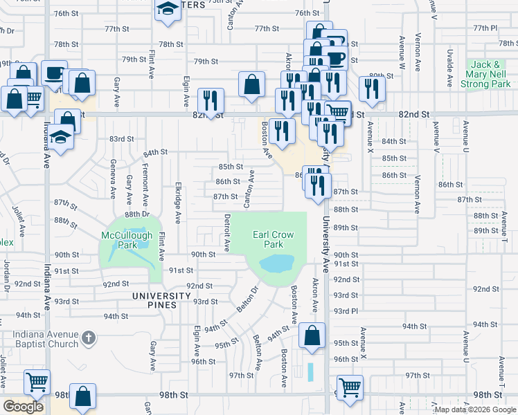 map of restaurants, bars, coffee shops, grocery stores, and more near 2701-2799 88th Street in Lubbock