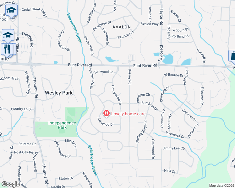 map of restaurants, bars, coffee shops, grocery stores, and more near 199 Creekwood Lane in Riverdale