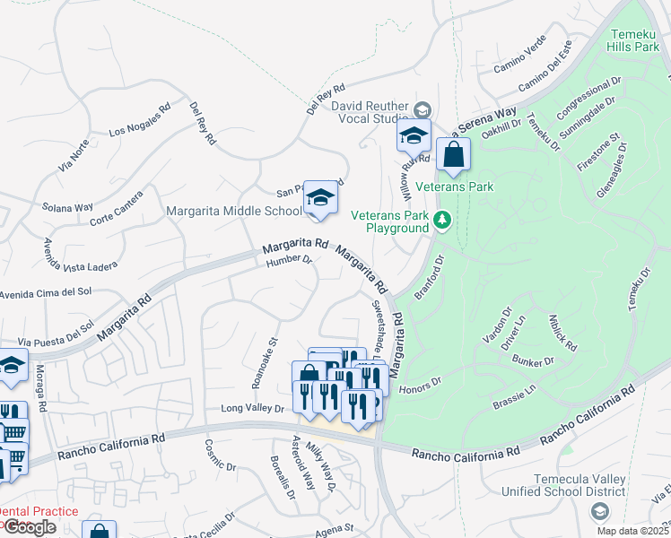 map of restaurants, bars, coffee shops, grocery stores, and more near 30670 Feather Court in Temecula