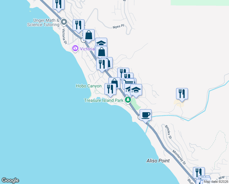 map of restaurants, bars, coffee shops, grocery stores, and more near 30801 Coast Highway in Laguna Beach