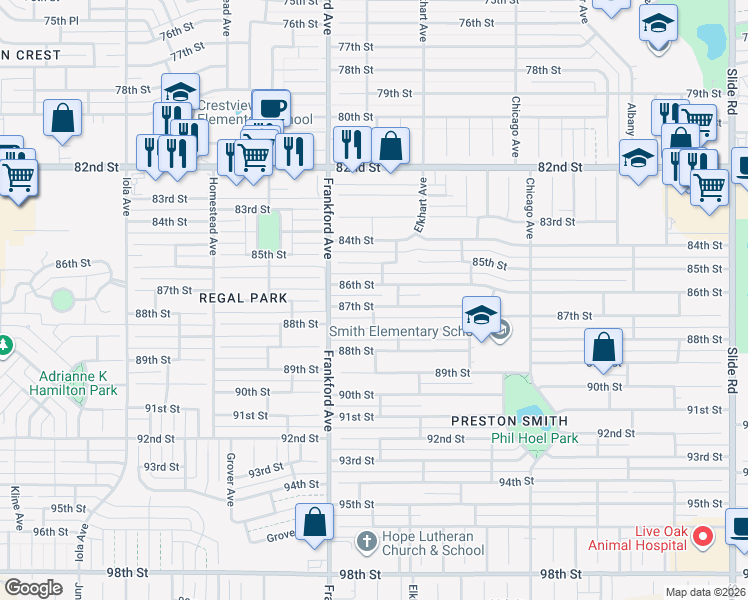 map of restaurants, bars, coffee shops, grocery stores, and more near 5717 87th Street in Lubbock