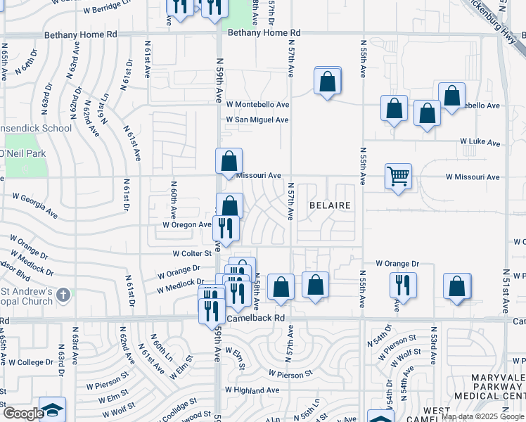 map of restaurants, bars, coffee shops, grocery stores, and more near 5747 West Missouri Avenue in Glendale
