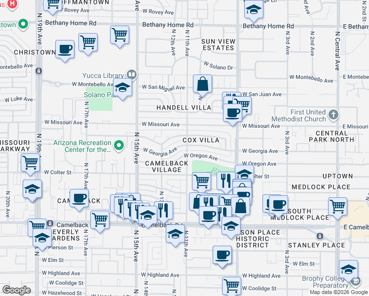 map of restaurants, bars, coffee shops, grocery stores, and more near 1114 West Oregon Avenue in Phoenix