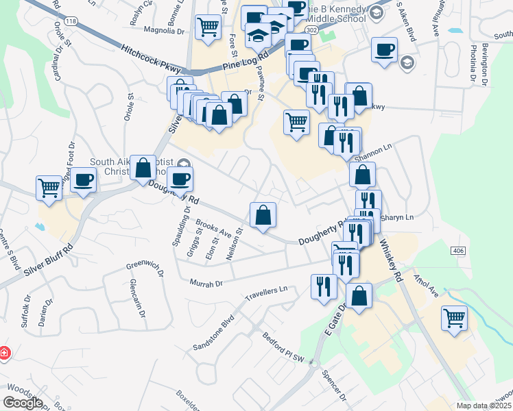 map of restaurants, bars, coffee shops, grocery stores, and more near 5405 Straight Wellers Drive in Aiken
