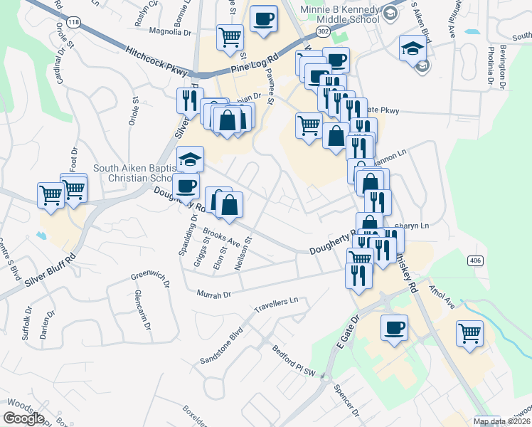 map of restaurants, bars, coffee shops, grocery stores, and more near 5405 Straight Wellers Drive in Aiken