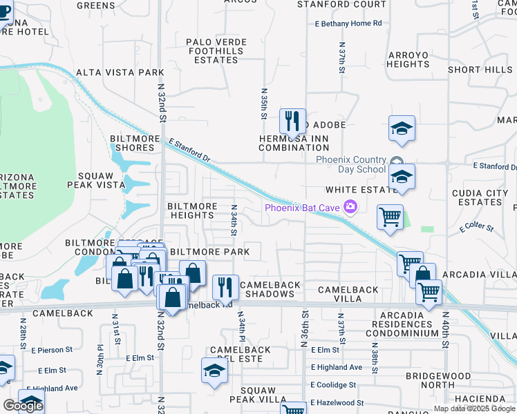 map of restaurants, bars, coffee shops, grocery stores, and more near 5214 North 34th Place in Phoenix