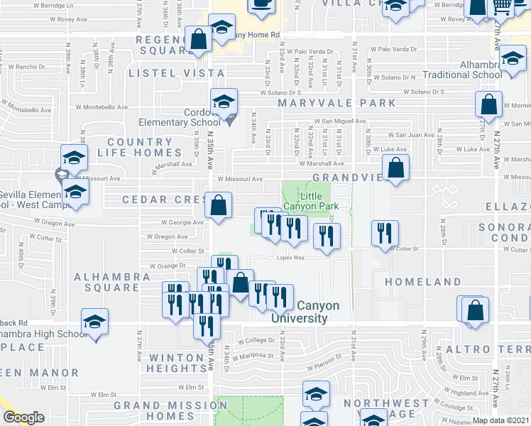 map of restaurants, bars, coffee shops, grocery stores, and more near 3253 West Vermont Avenue in Phoenix