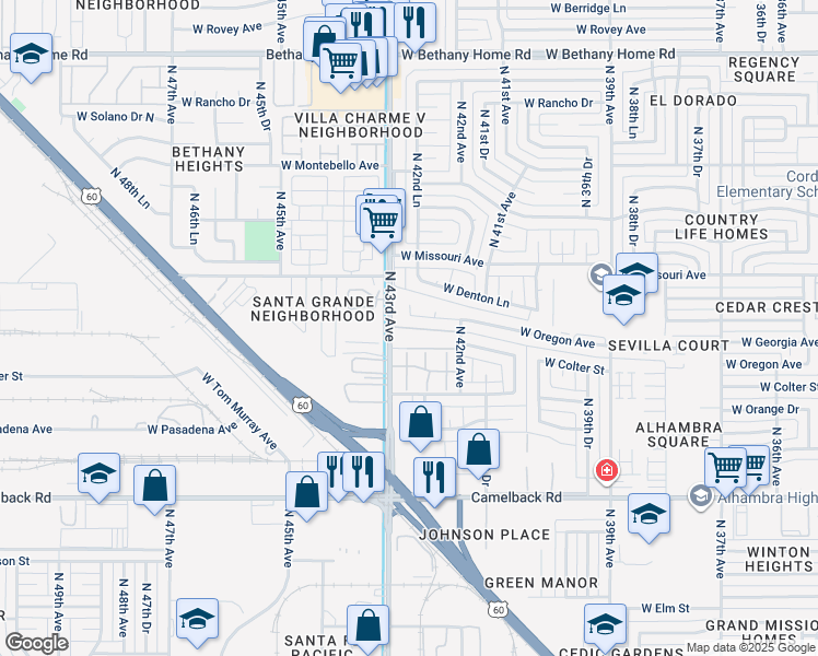 map of restaurants, bars, coffee shops, grocery stores, and more near 5235 North 43rd Avenue in Phoenix