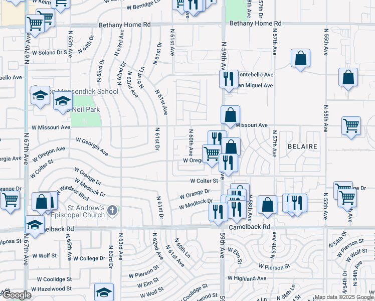 map of restaurants, bars, coffee shops, grocery stores, and more near 6002 West Oregon Avenue in Glendale