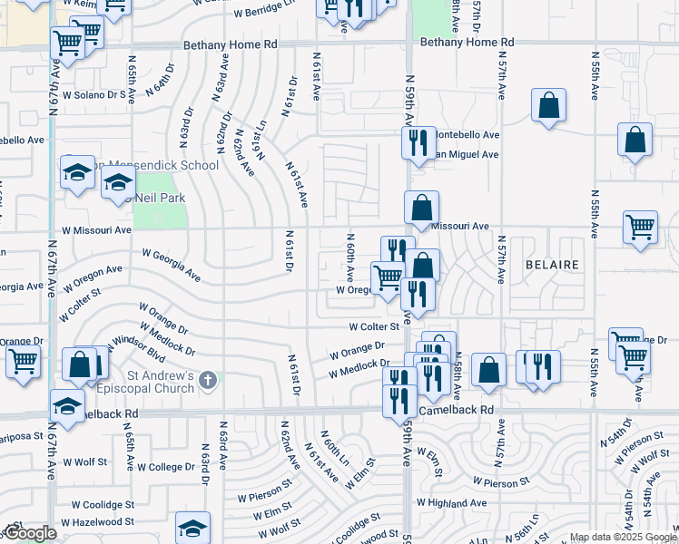 map of restaurants, bars, coffee shops, grocery stores, and more near 6002 West Oregon Avenue in Glendale