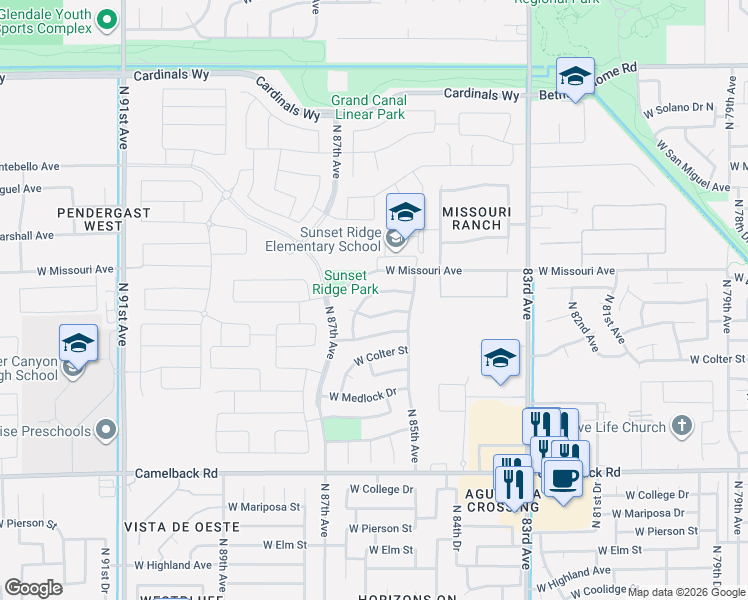 map of restaurants, bars, coffee shops, grocery stores, and more near 8583 West Denton Lane in Glendale