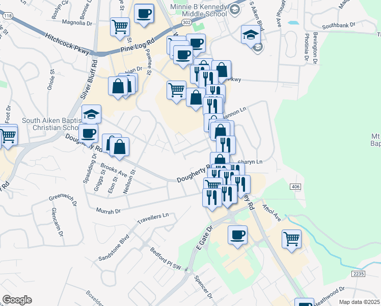 map of restaurants, bars, coffee shops, grocery stores, and more near 1024 Owens Street in Aiken