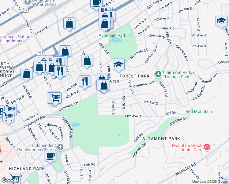 map of restaurants, bars, coffee shops, grocery stores, and more near 3900 Glenwood Avenue in Birmingham