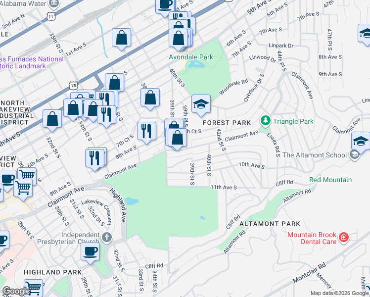 map of restaurants, bars, coffee shops, grocery stores, and more near 3815 Clairmont Avenue in Birmingham