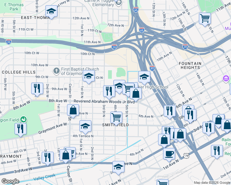 map of restaurants, bars, coffee shops, grocery stores, and more near 900 4th Street North in Birmingham