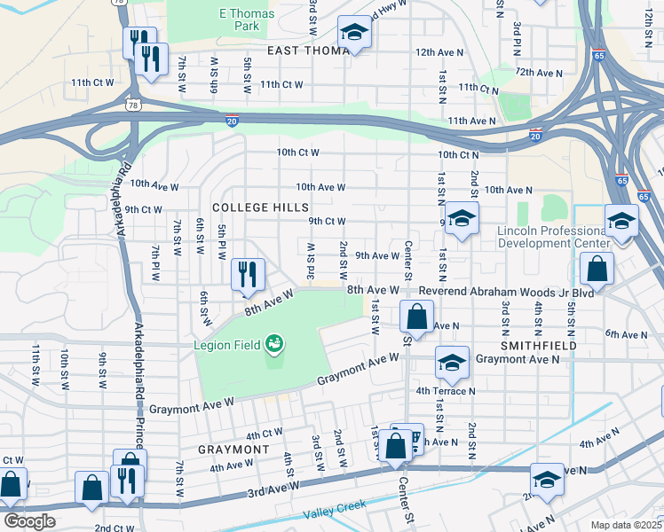map of restaurants, bars, coffee shops, grocery stores, and more near 206 8th Avenue West in Birmingham