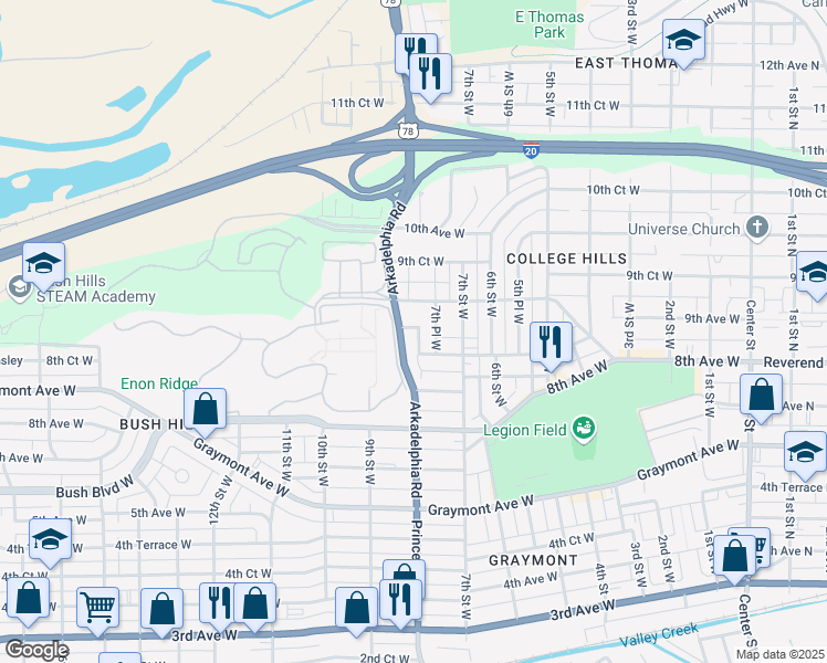 map of restaurants, bars, coffee shops, grocery stores, and more near 864 8th Street West in Birmingham