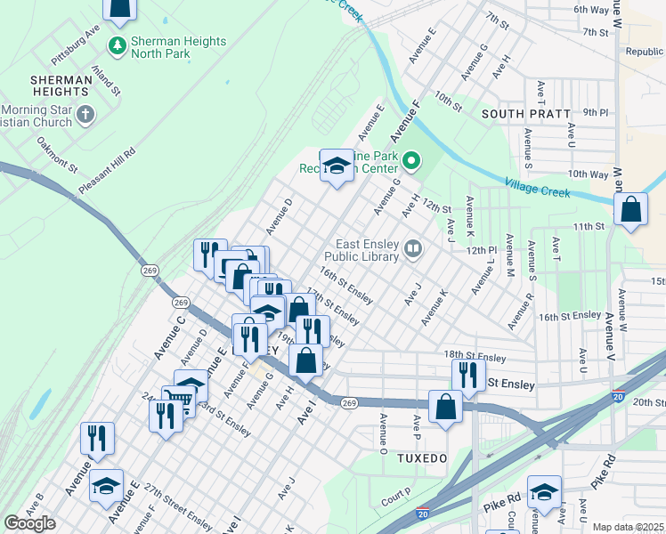 map of restaurants, bars, coffee shops, grocery stores, and more near 1607 Avenue F in Birmingham