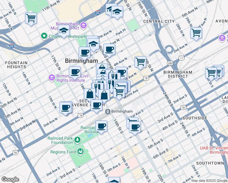 map of restaurants, bars, coffee shops, grocery stores, and more near 1918 1st Avenue North in Birmingham