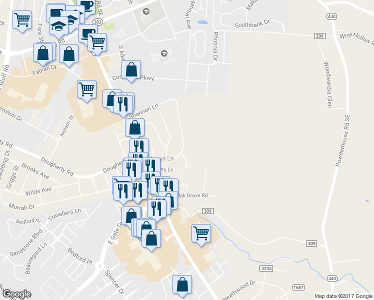 map of restaurants, bars, coffee shops, grocery stores, and more near 131 Sharyn Lane in Aiken