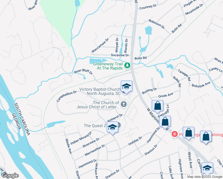map of restaurants, bars, coffee shops, grocery stores, and more near 225 Post Oak Lane in North Augusta