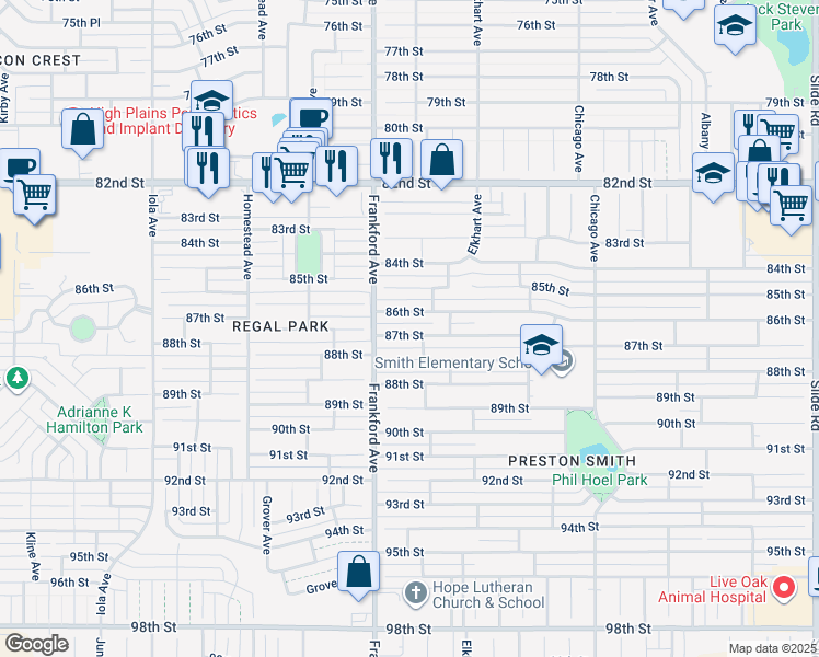 map of restaurants, bars, coffee shops, grocery stores, and more near 5716 87th Street in Lubbock
