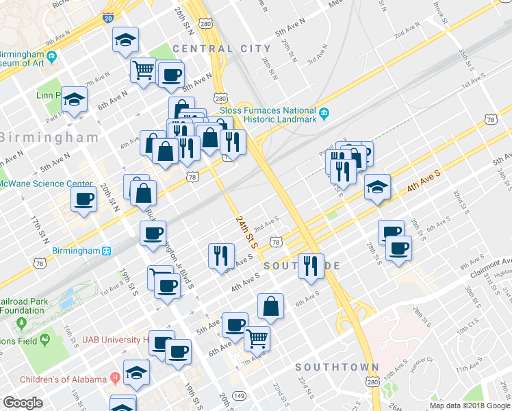 map of restaurants, bars, coffee shops, grocery stores, and more near 2460 1st Avenue South in Birmingham